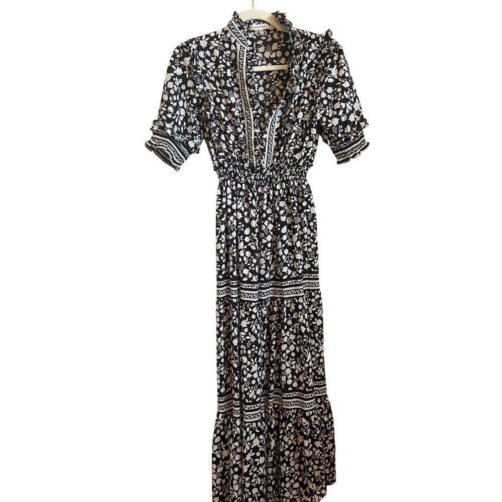Max Studio Black White Floral Smocked Maxi Dress Short Puff Sleeve XS Boho